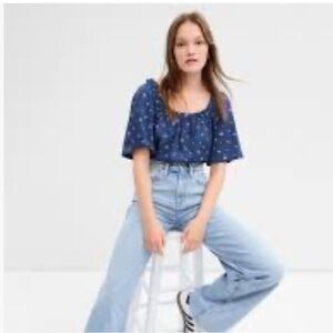 Gap Factory Oversized Squareneck Puff Sleeve Top | blue with white flowers - M